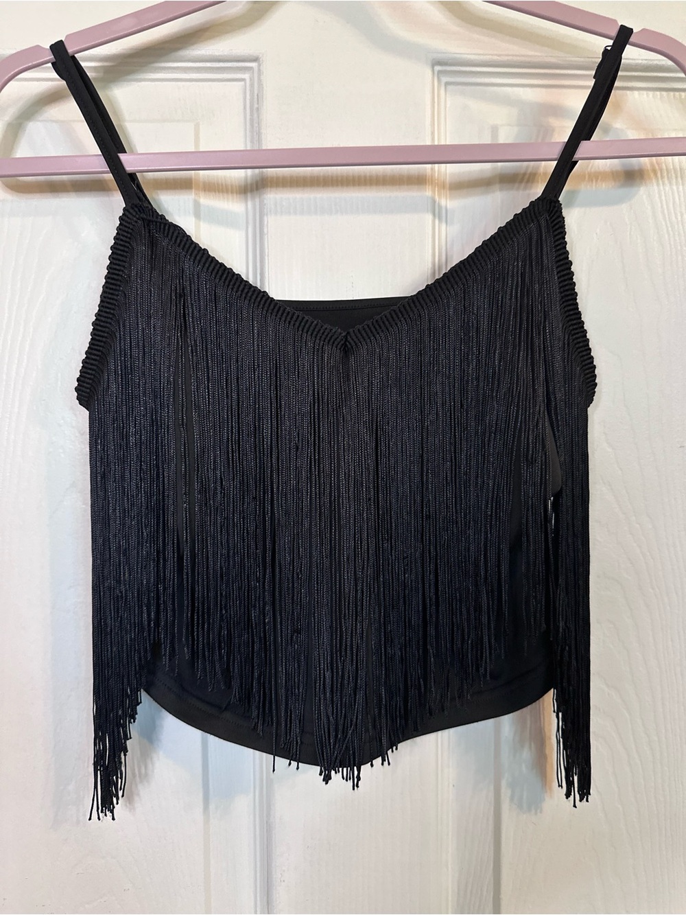 Fringe V-Neck Spaghetti Strap Crop Top - Black